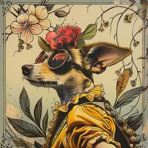 dog  flower  crown  glasses  whimsical  chromolithography  cute  character  illustration  colorful 1051489