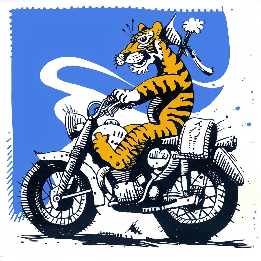 tiger  motorcycle  animal  adventure  blue  cartoon  fun  whimsical  speed  illustration 1025496