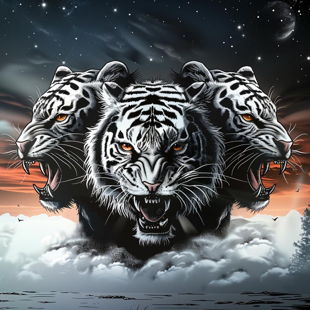 tiger  three-headed  creature  black  background  moon  stars  sky  surreal  fantasy 1033060