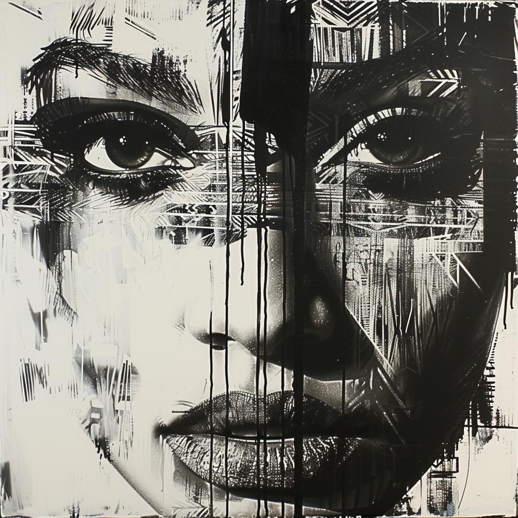surreal  album  cover  woman  face  lines  black  white  hyper-realistic  RETNA 960290