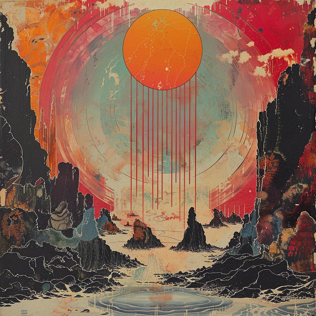 surreal  sunrise  mountain  water  flowing  hyper-realistic  screenprinting  Ikko  Tanaka  creative 960442