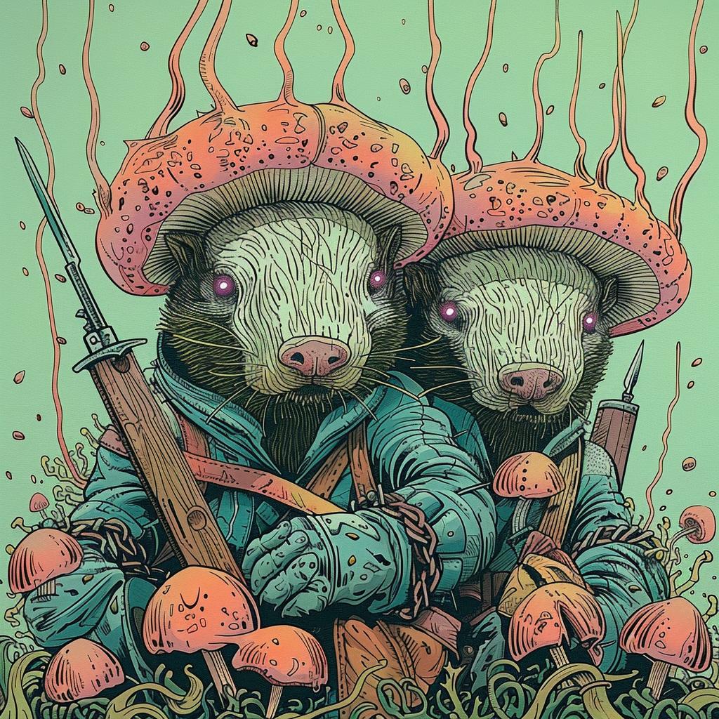 badger  soldiers  battle  surreal  whimsical  cartoon  nature  imagination  playful  fantasy 923452