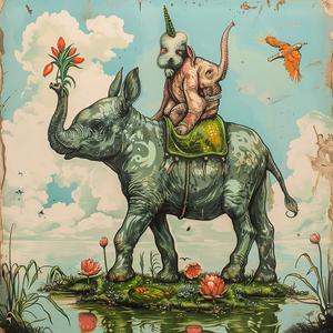 chromolithography  elephant  dog  animal  painting  whimsical  colorful  artwork  illustration  playful 1058309