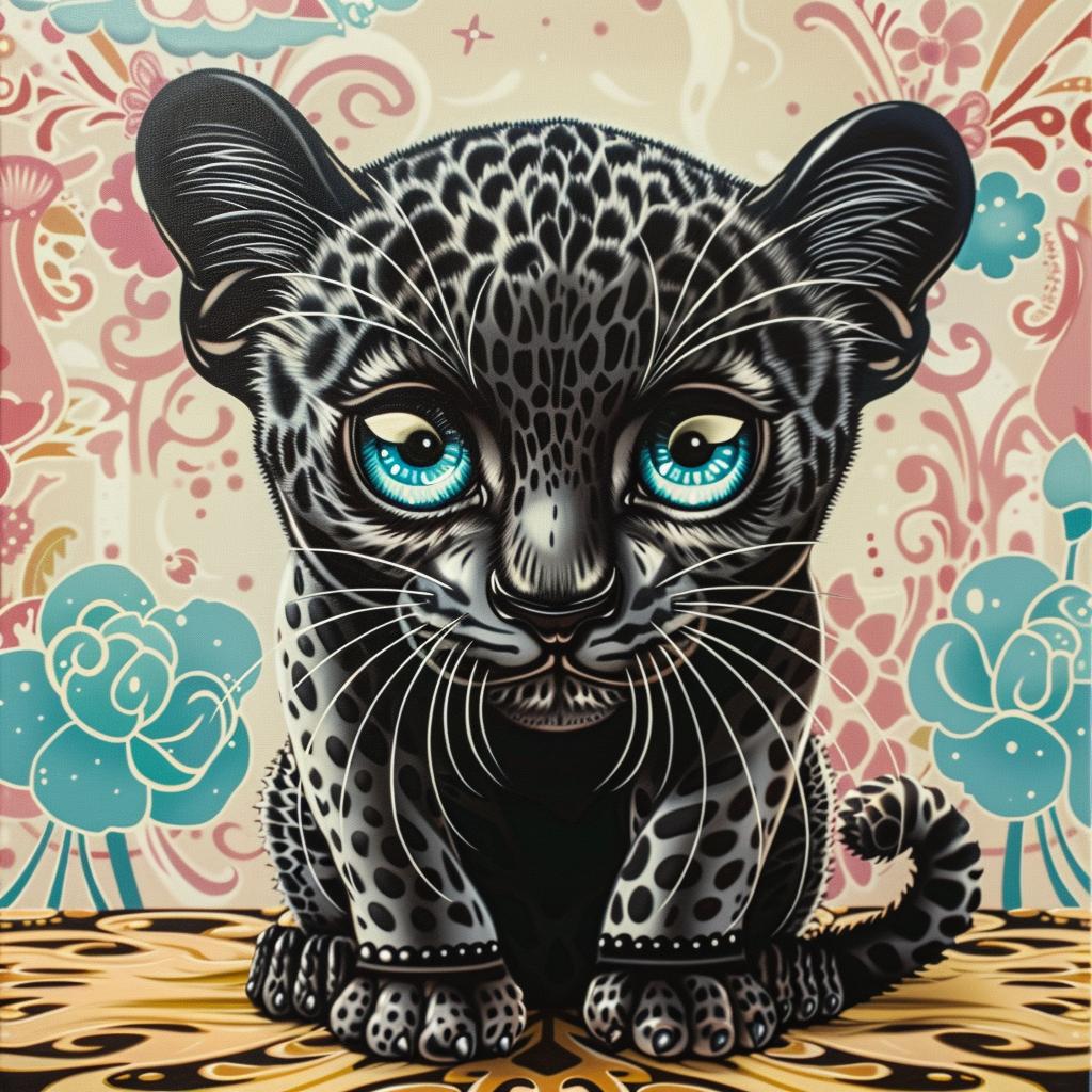 panther  kawaii  white  painting  leopard  black  blue  eyes  oversized  cute 1033392