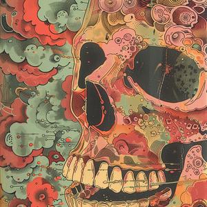 surreal  album  cover  skull  clouds  flowers  symbolist  risograph  hyper-realistic  screenprinting 1078678