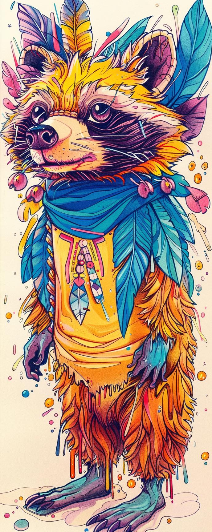 raccoon  colorful  Kachina  costume  mythical  feathers  artwork  fantasy  playful  creativity 941026