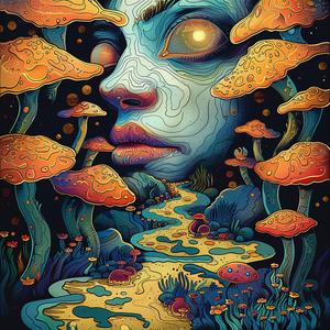 Kirby  comic  ArtNouveau  surrealism  pointillism  psychedelic  woman  mushrooms  face  painting 1076439
