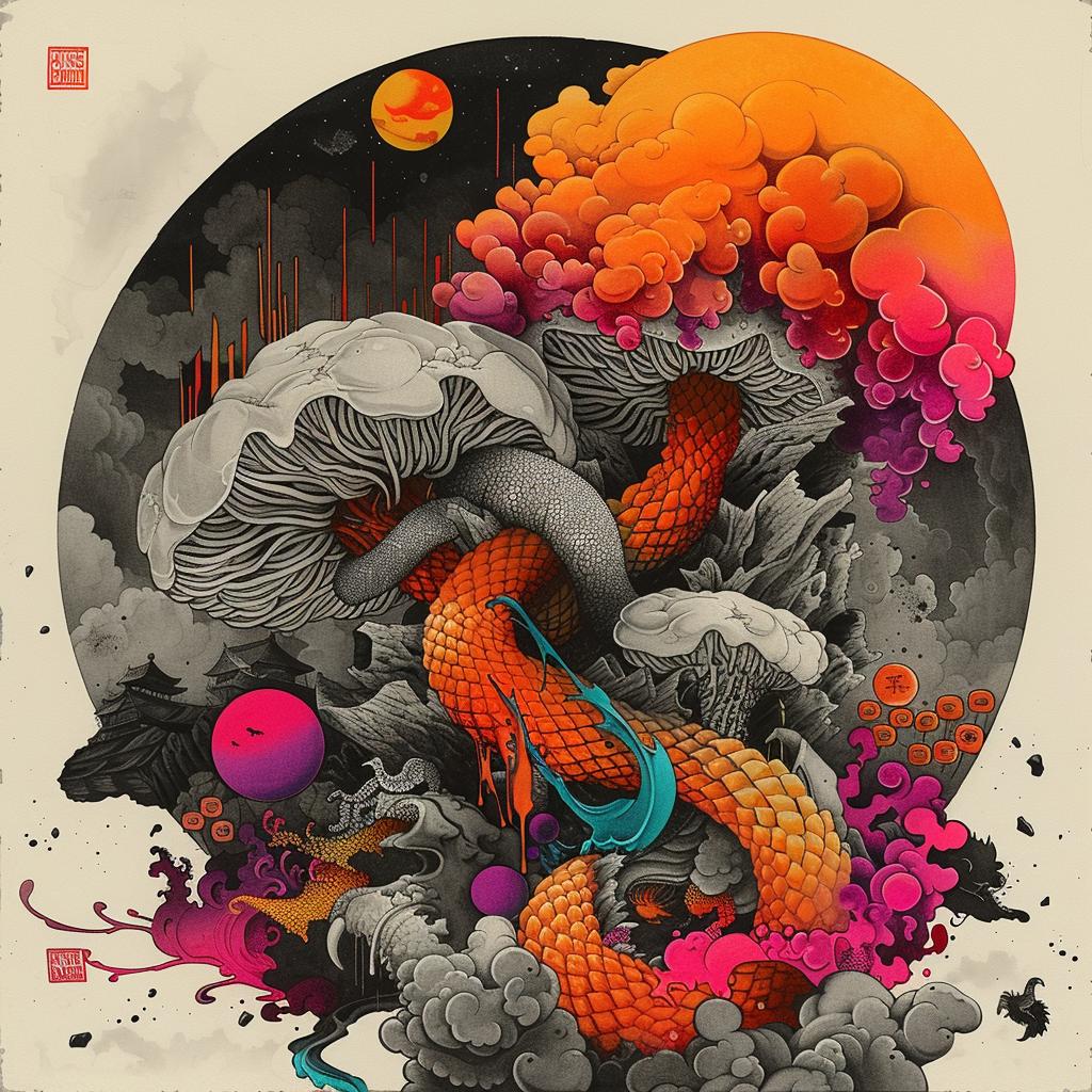 horror  monster  snake  Japanese  lettering  mushroom  illustration  fantasy  art  whimsical 1036376