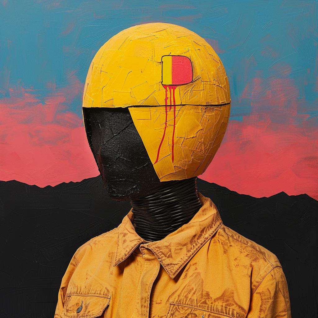 man  helmet  yellow  painting  surreal  creative  cartoon  whimsical  vibrant  colorful 1018453