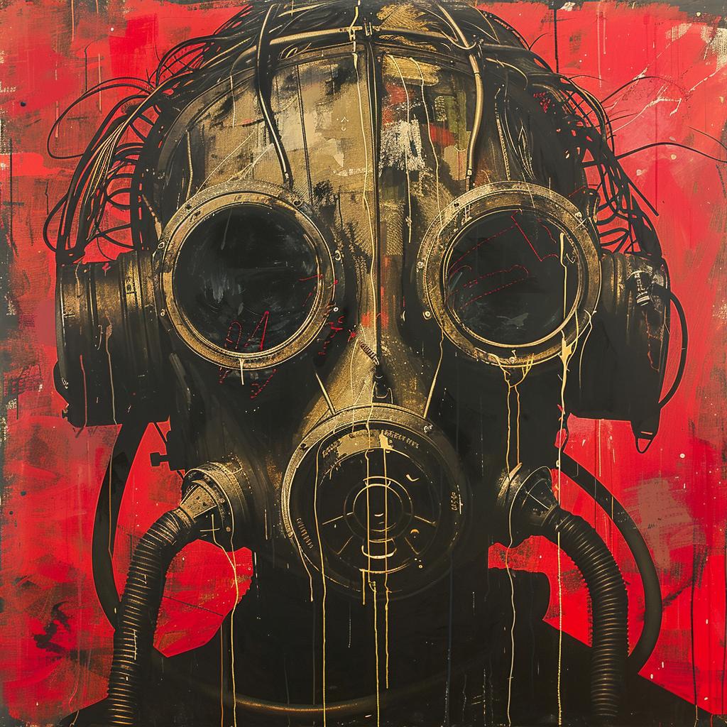 surreal  album  cover  hyper-realistic  screenprinting  gasmask  futuristic  encaustic  Kenojuak  art 959947