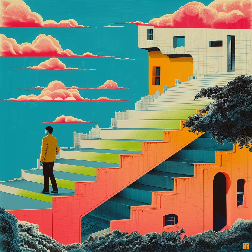 man  stairs  colorful  house  surreal  design  Joan  Cornella  graphic  art 1018073