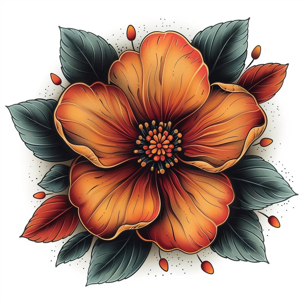 traditional  vintage  tattoo  flash  classic  bold  lines  orange  flower  design 1018204