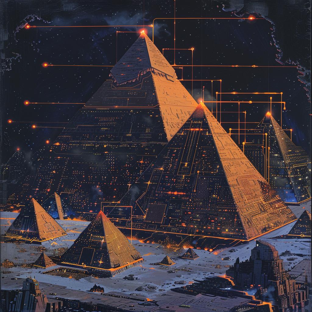 رسم توضيحي لأهرامات الخيال العلمي القديم، تركيب غواش، تفاصيل داكنة، الجيزة، مصر 922436