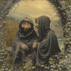 troll  chromolithography  people  robes  stone  wall  art  vintage  sitting  illustration 1054828