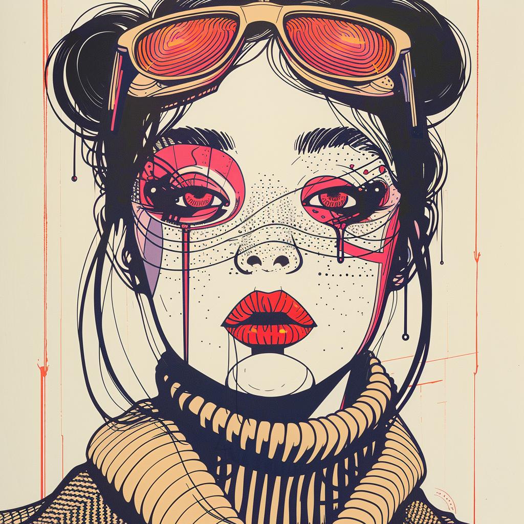 رسم فن البوب ​​لامرأة ذات عيون حمراء ونظارات ومكياج للعين وسترة آسيوية أمريكية تروي 939325