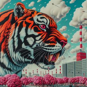 tiger  city  minimal  chromolithography  urban  wildlife  surreal  art  illustration  vibrant 1037668