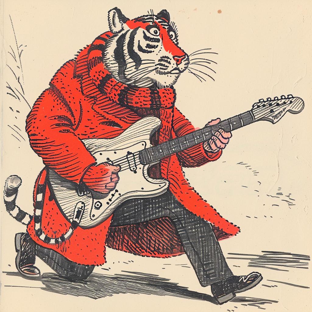 tiger  guitar  anthropomorphic  illustration  Moebius  cartoon  character  music  red  play 922677