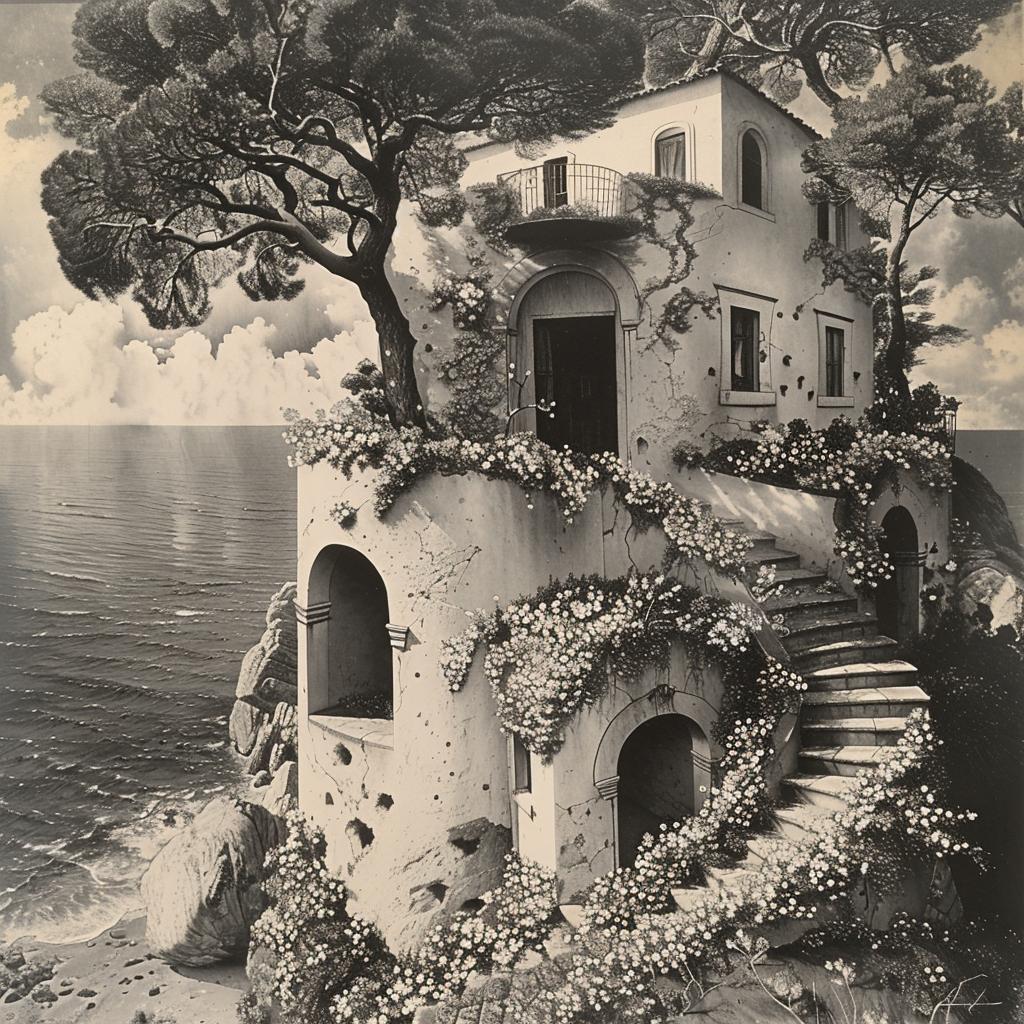 MC  Escher  ocean  cliff  stairs  black  white  color  flowers  landscape 1036233