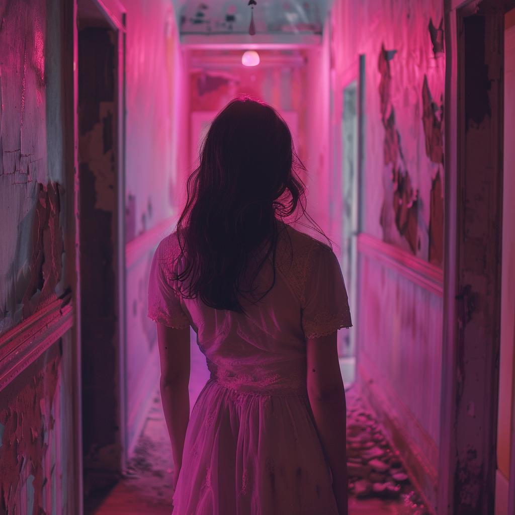 horror  surreal  pastel  pink  lighting  woman  dress  hallway  dark  scene 972051