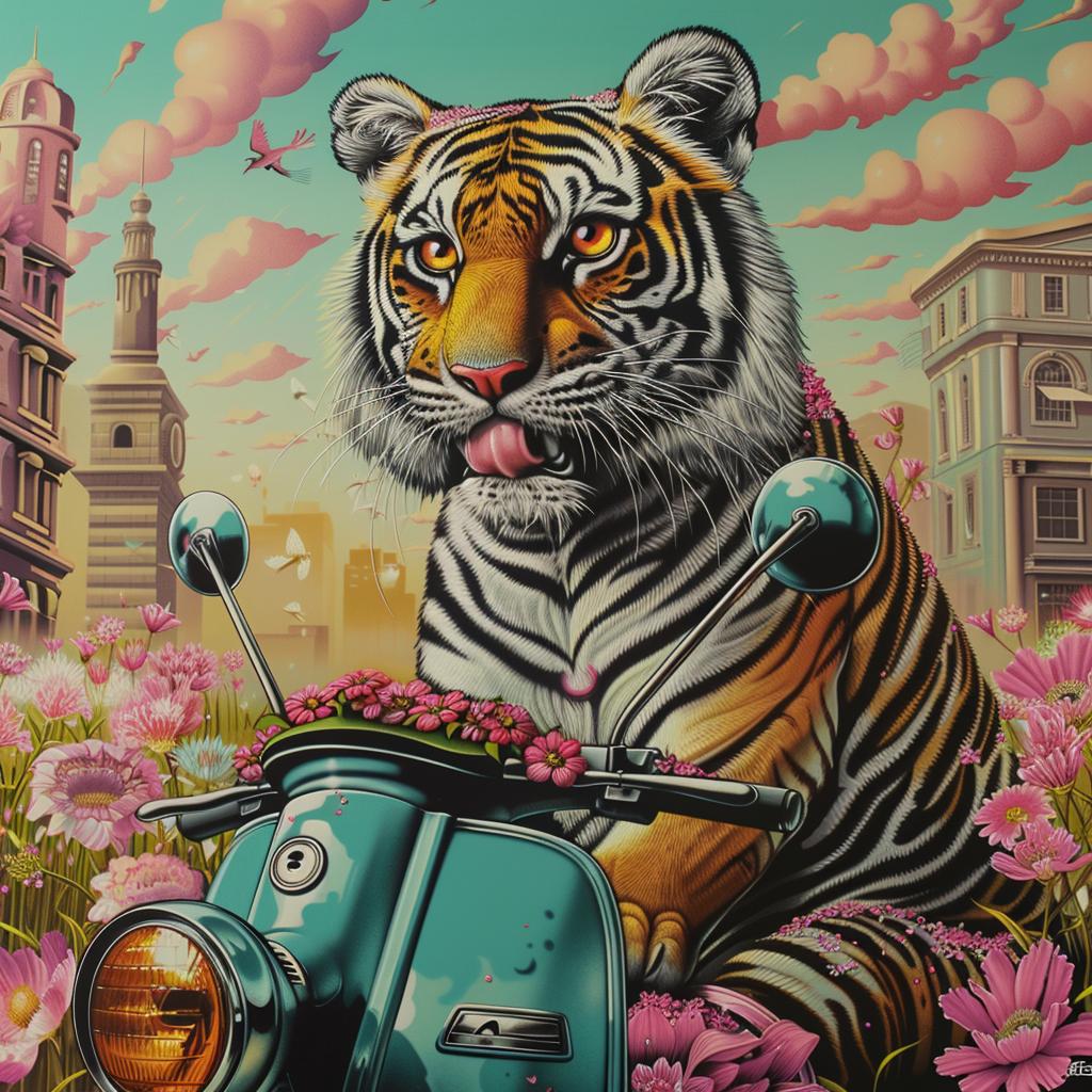 tiger  moped  scooter  painting  cartoon  whimsical  animal  transport  funny  vibrant 1028329