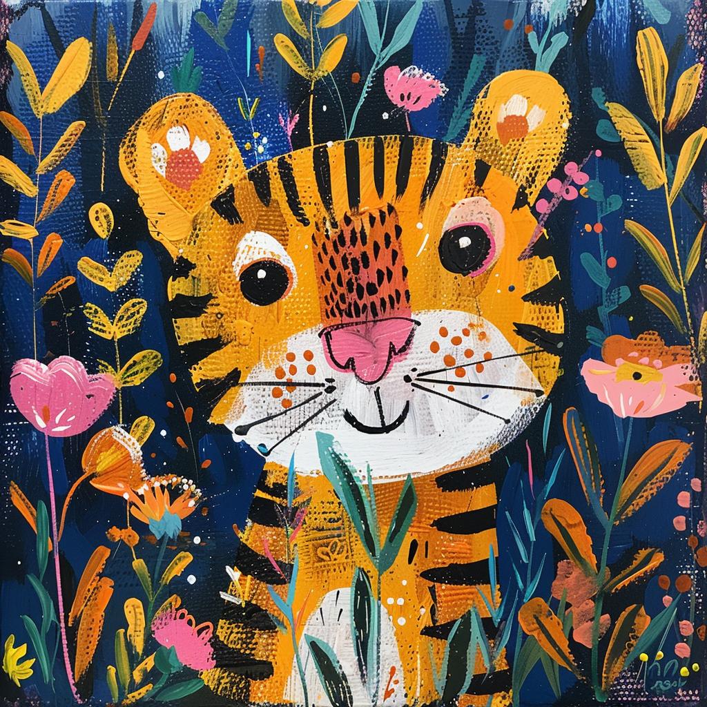 tiger  kawaii  field  flowers  vibrant  illustration  colorful  whimsical  nature  art 938680