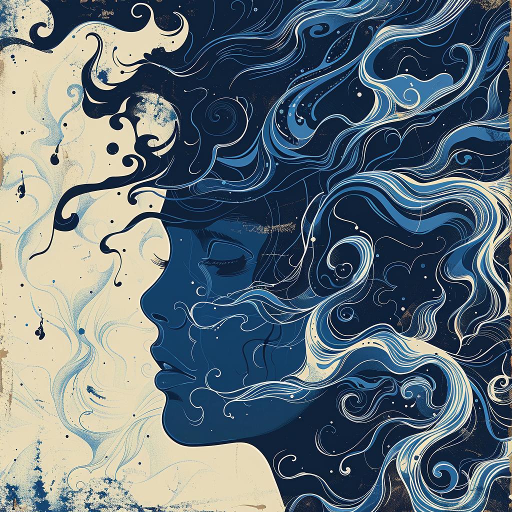 woman  waves  grungy  background  navy  cream  illustration  art  stylized  graphic 918093