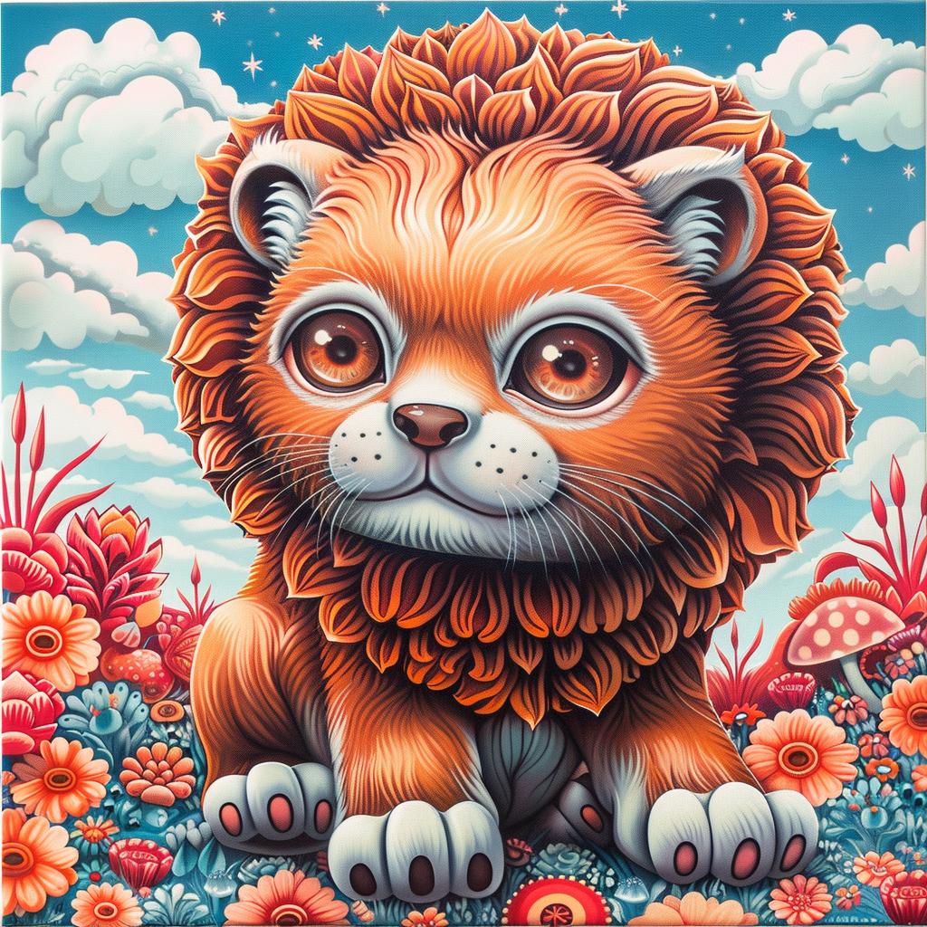 lion  kawaii  white  painting  animal  flowers  cute  illustration  whimsical  artwork 1033648