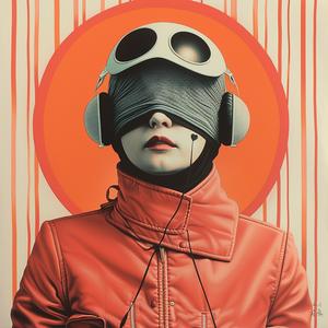 surreal  woman  headphones  red  jacket  album  cover  symbolist  risograph  hyper-realistic 1077659