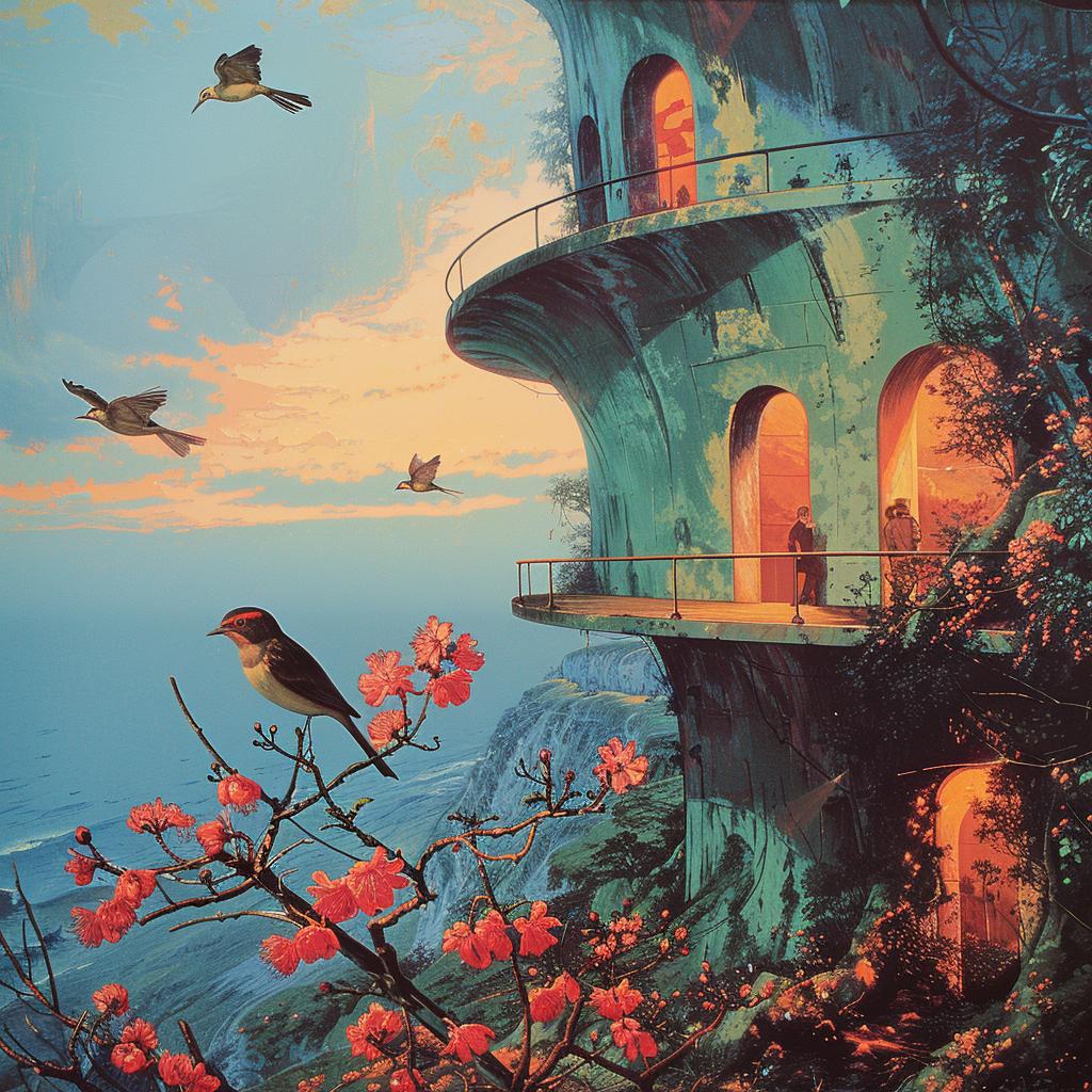 painting  house  birds  flying  chromolithography  nature  scenic  colorful  canvas  artwork 1031193