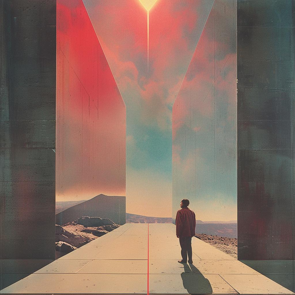 album  cover  1980s  synthwave  trippy  geometric  man  doorway  red  light 960797