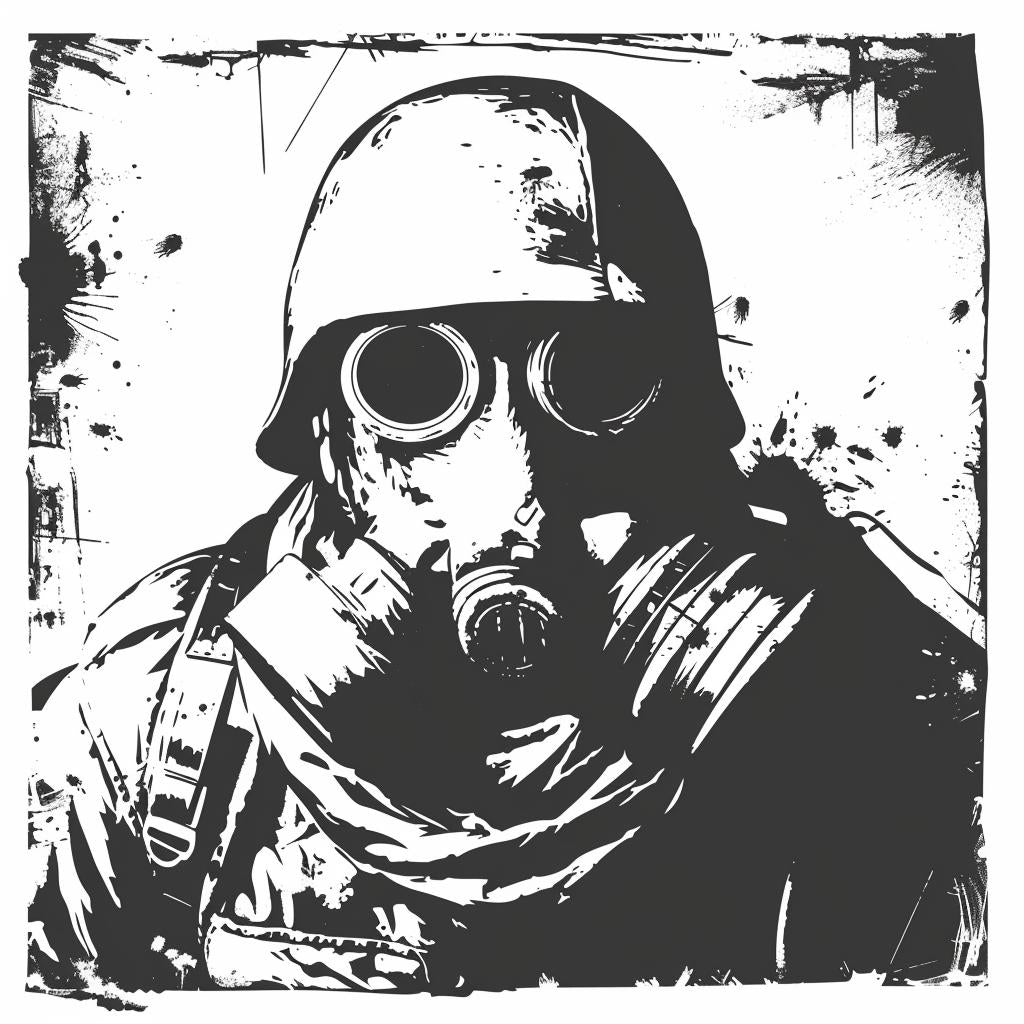 silhouette  soldier  gasmask  vintage  icon  emblem  bold  linocut  black  white 951954