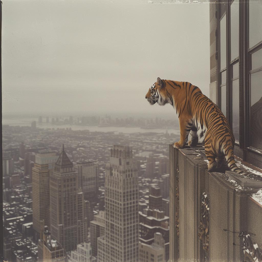 surreal  collage  NYC  tiger  building  highcontrast  urban  vivid  imaginative  bold 970343