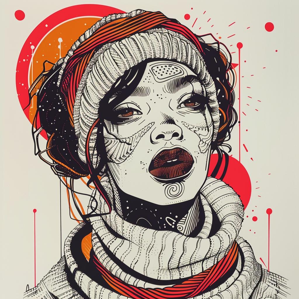 Pop Art  woolen  sweater  African-American  female  scarf  hat  white background  Troy Brooks  fashionable 939198