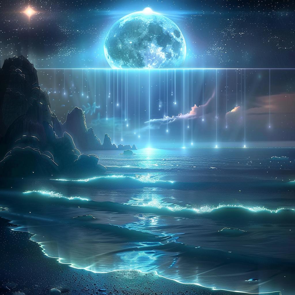 blue  ocean  animated  vibrant  folk-inspired  moon  waves  rocks  illustration  beauty 945250