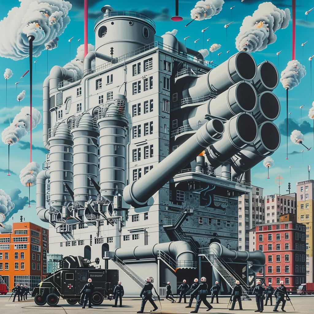 factory  futuristic  militaristic  building  cannons  towers  rocket  soldiers  concrete  structure 944513