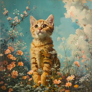 kitten  flowers  painting  1960s  whimsical  nature  charming  feline  colorful  playful 1079852