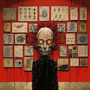 asymmetrical  shattered  Japanese  elements  room  skull  bold  symmetry  linocut  dark 1078844