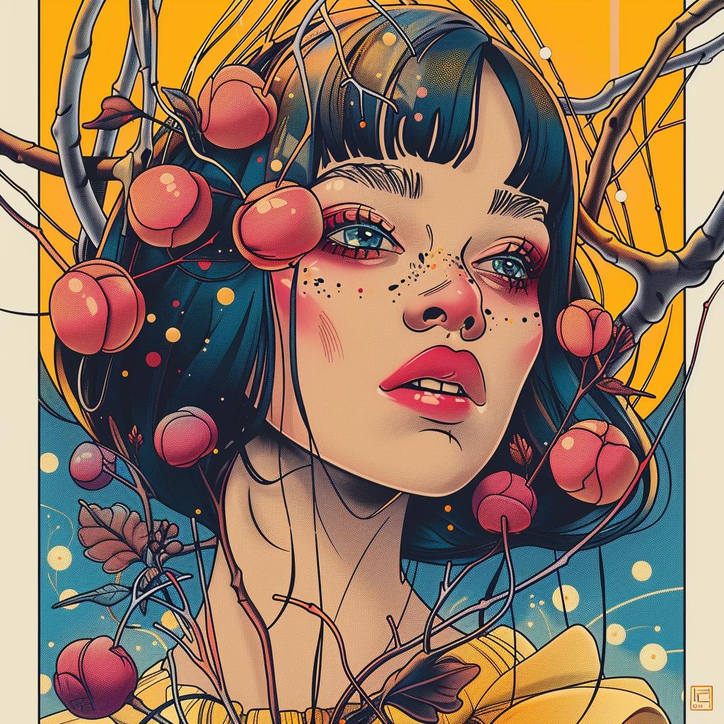 woman  blue  red  hair  fruit  colorful  chromolithography  vibrant  surreal  imagery 924543