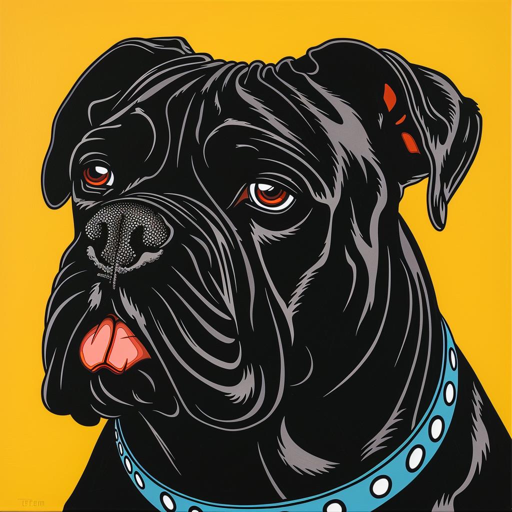 cane  corso  dog  black  blue  collar  yellow  background  stylized  portrait 973714