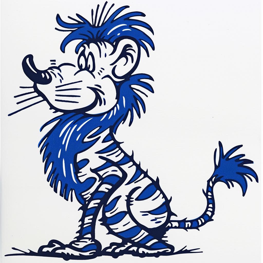 lion  mascot  cartoon  Dr  Seuss  blue  stripes  whimsical  colorful  playful 1027772