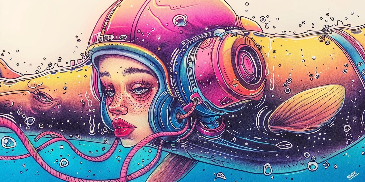 woman  helmet  background  pink  blue  colorful  underwater  art  illustration  surreal 940480