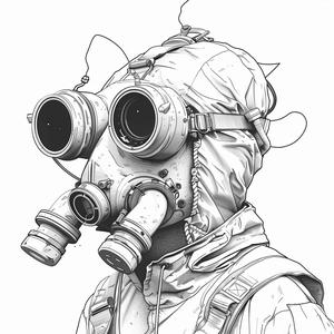 رسم رجل بقناع غاز، خطوط سوداء وبيضاء، رسم توضيحي قوي، فن الوجه 1070653