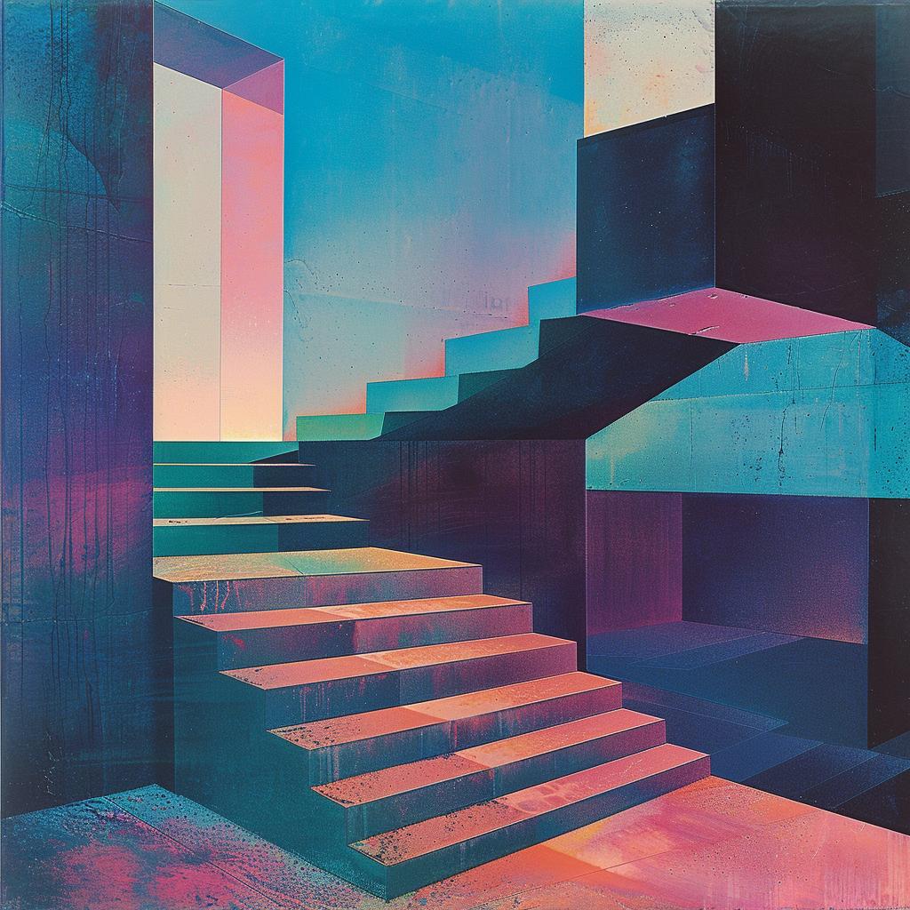 album  cover  1980s  Tycho  trippy  geometric  synthwave  stairs  door  art 960700