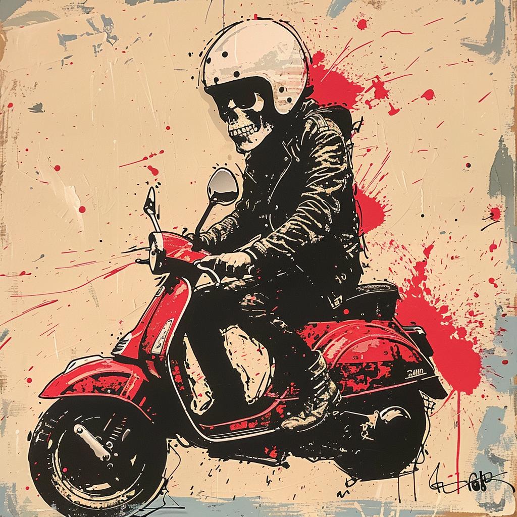 painting  man  scooter  red  skull  moped  artwork  urban  transportation  illustration 1021519