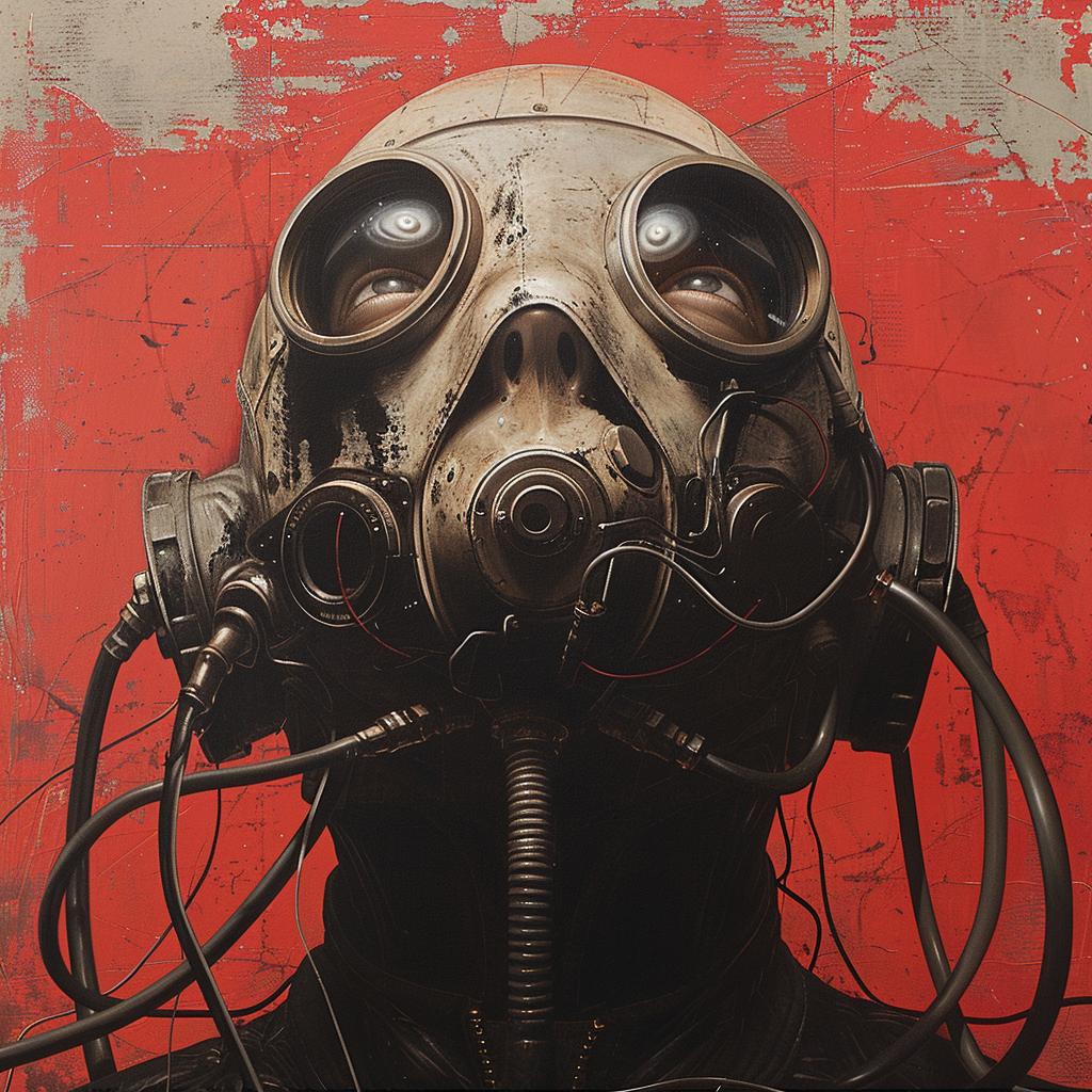surreal  album  cover  man  gasmask  futuristic  hyper-realistic  screenprinting  Marc  Allante 959953
