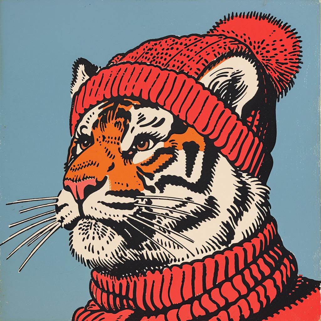 tiger  knit cap  Norman Rockwell  portrait  anthropomorphic  colorful  charming  illustration  playful  character 921835