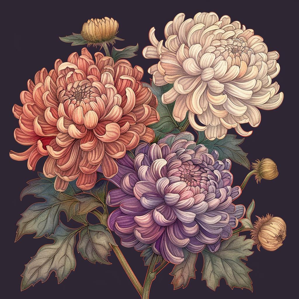 chrysanthemums  illustration  black  floral  nature  botanical  art  colorful  detailed  design 971780