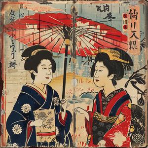 geisha  women  umbrellas  matchbox  vintage  Japanese  art  cultural  illustration  scene 1047564