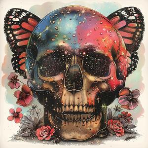 glitter  drawing  skull  butterflies  artistic  colorful  contrast  whimsical  decorative  fantasy 1054756