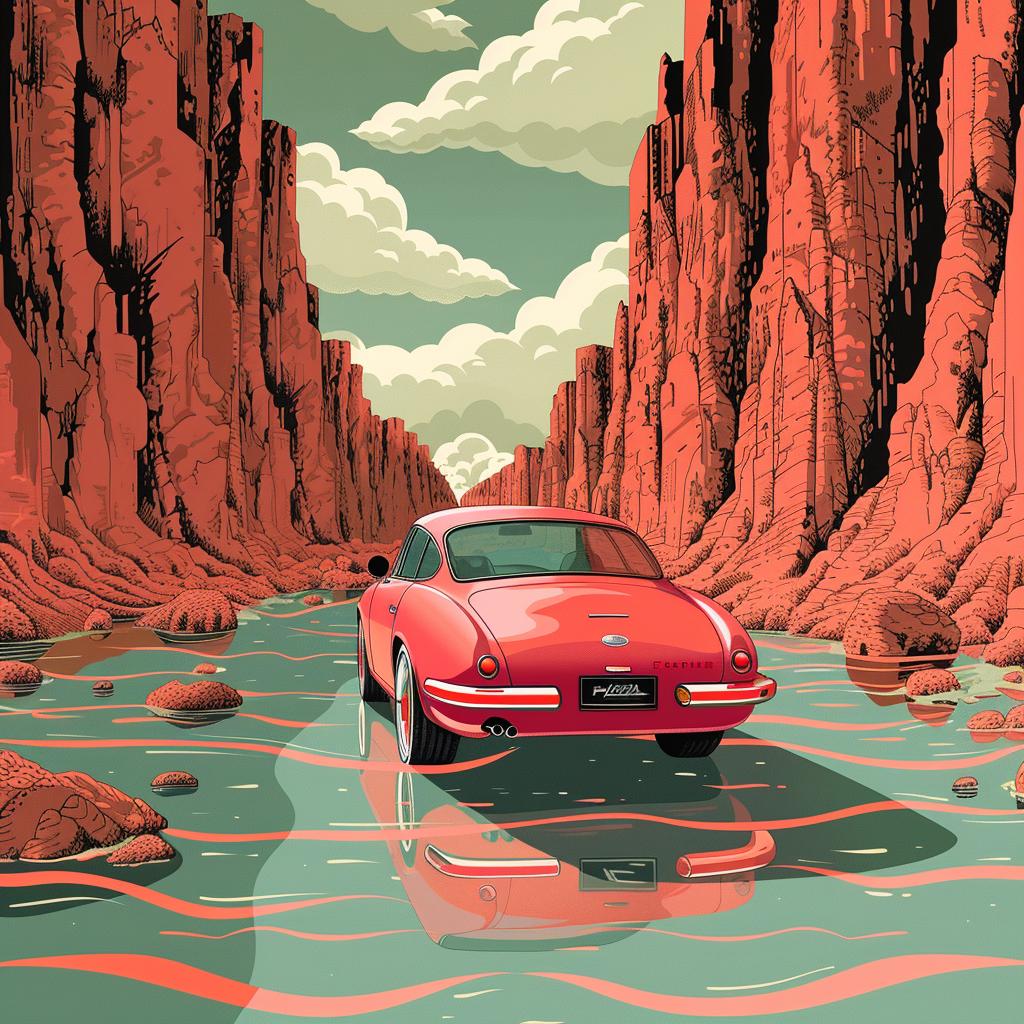 car  river  desert  painting  Hiroshi  Nagai  retrofuturism  details  landscape  colorful 944385
